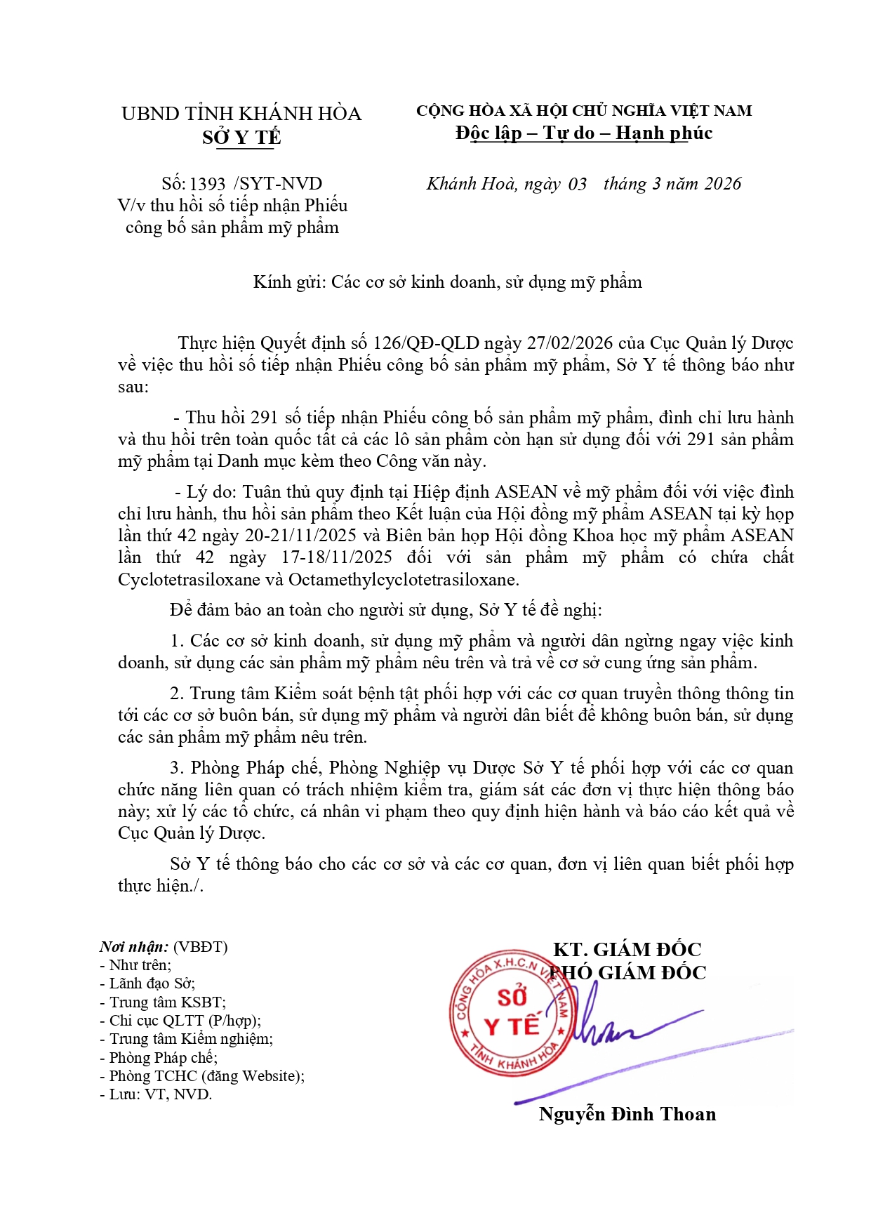 V/v thu hồi số tiếp nhận Phiếu công bố sản phẩm mỹ phẩm